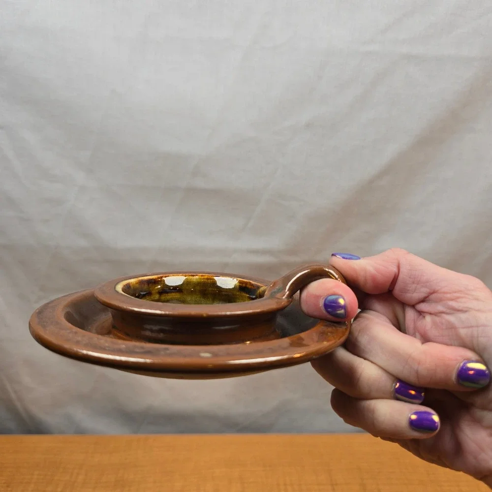 Handmade Ceramic Candle Holder in‎ Brown Glaze Signed Base Vintage 5.5
